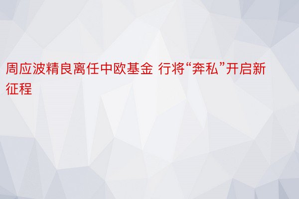 周应波精良离任中欧基金 行将“奔私”开启新征程